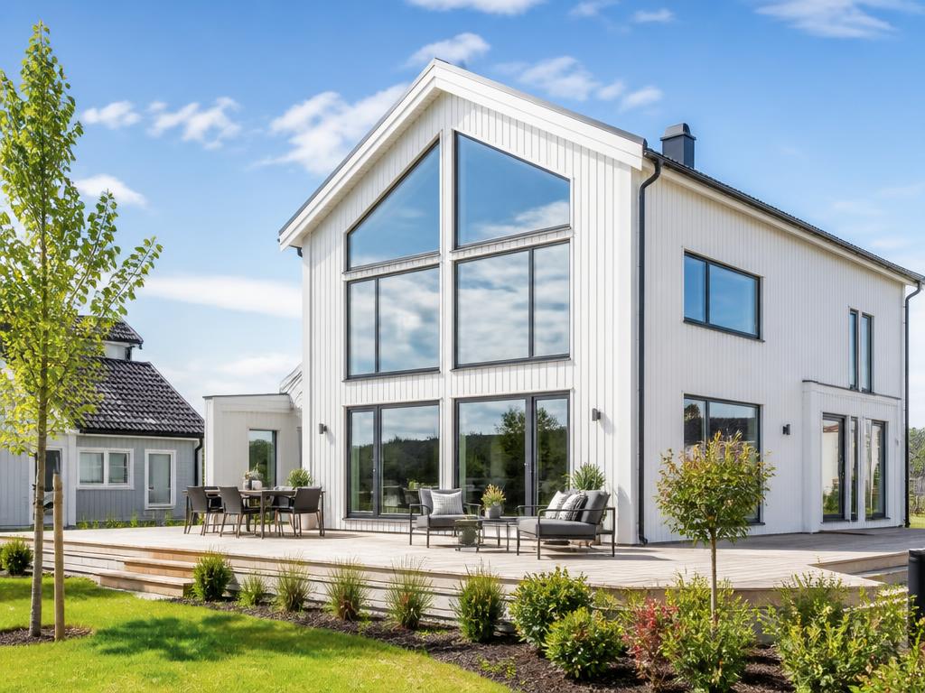 Modern skandinavisk villa med stora rena fönster